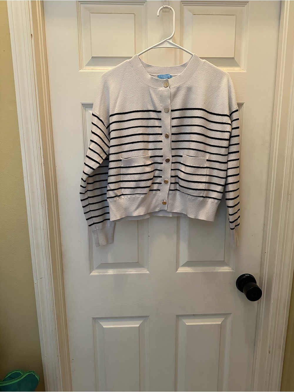 Draper James White Crewneck Striped Button-Front Cardigan